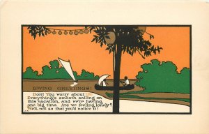 Gibson Arts & Crafts Postcard; Loving Couple in Canoe, Lanterns, Orange Sky