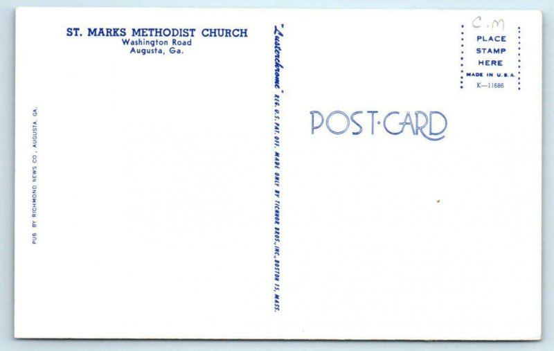 AUGUSTA, Georgia GA ~ ST. MARKS METHODIST CHURCH ca 1960s  Postcard