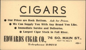 Fall River Massachusetts MA Cigars Advertising Edwards  c1920s Postal Card