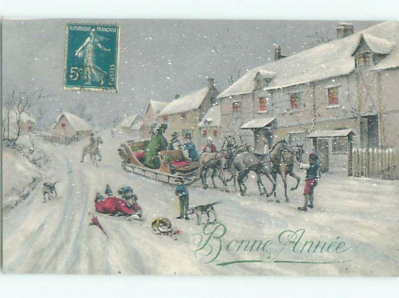 foreign c1910 Postcard HORSE-DRAWN SLED IN SNOWY STREETS OF FRANCE AC3833