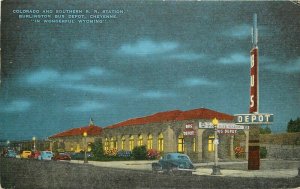 Autos Cheyenne Wyoming Colorado Southern Railroad Station Postcard Night 10515