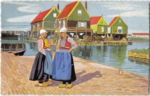 DUTCH GIRLS Wooden Shoes MARKEN North Holland 1950s Amsterdam Vintage Postcard
