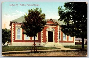 Ludlow Vermont~Fletcher Memorial Library Street View~Hugh Leighton Co~Vintage PC