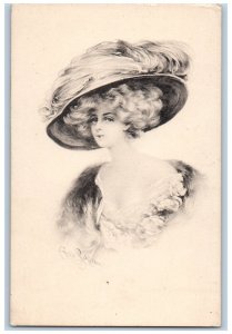 Cobb Shinn Artist Signed Postcard Pretty Woman Curly Hair Big Hat c1910's