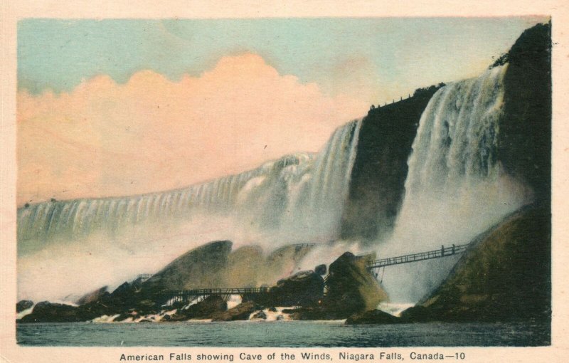 Vintage Postcard American Falls Showing Cave Of The Winds Niagara Falls Canada