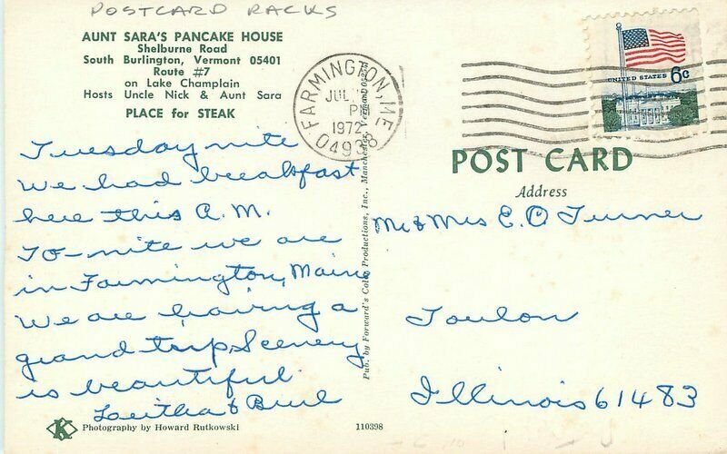 Burlington Vermont Aunt Sara's Pancake House Forwards 1972 Postcard autos 22-114