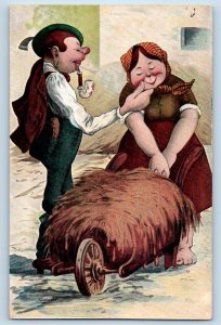 Oshkosh Wisconsin WI Postcard Man With Pipe Smoke Flirting The Fat Woman c1910's