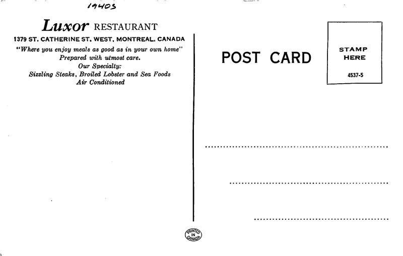 1940s Montreal Canada Luxor Restaurant interior occupation Postcard 25-5878