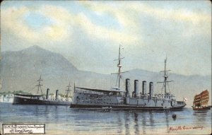 British Navy Battleship HMS Diadem Off Hong Kong China c1910 Postcard