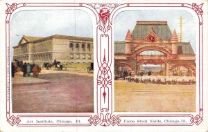 CHICAGO, Illinois IL   ART INSTITUTE & UNION STOCK YARDS~Split View  Postcard 