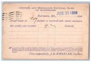 1898 Drovers Mechanics National Bank Receipt Savings Baltimore Maryland Postcard