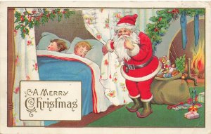 RED SUIT SANTA-BAG OF TOYS-SLEEPING CHILDREN~1914 MERRY CHRISTMAS POSTCARD