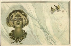 Art Nouveau Bust of Beautiful Woman Butterflies Marbe Background Postcard