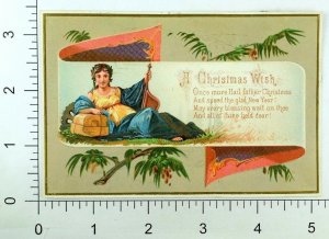 1880's Embossed Christmas Card Poem Lovely Fab Grecian Lady Reclined P78 