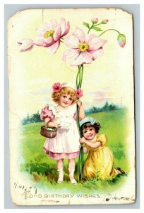 Vintage 1910's Tuck's Birthday Postcard Cute Girls Giant Pink Flower Nice