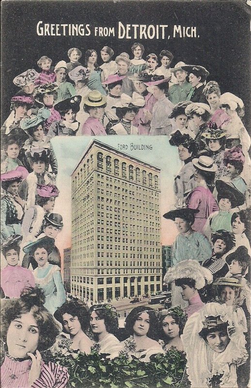 Detroit MI, Ford Building Surrounded by Beautiful Women, 1907, Tinted Greetings