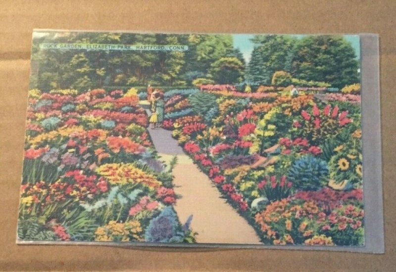 VINTAGE USED 1943 .01 LINEN PC ROCK GARDEN, ELIZABETH PARK, HARTFORD, CONN