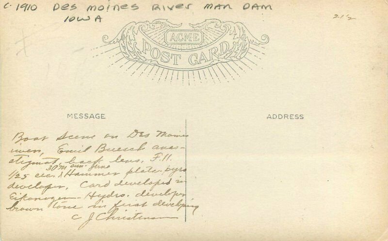 Des Moines Iowa River Man Dam C-1910 RPPC Photo Postcard 21-7981