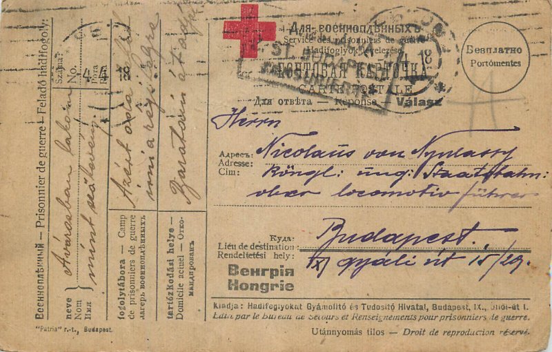 Prisoner of war correspondence postcard 1918 Ukraine Kharkiv to Budapest Hungary