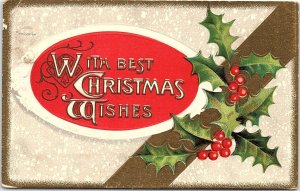 c1920 BEST CHRISTMAS WISHES HOLLY BERRIES UPLAND NE EMBOSSED POSTCARD 39-253