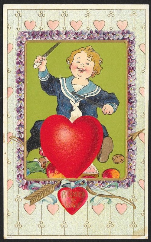 A Tune Of Love Boy In Blue Sailor Suit Playing Heart As A Drum Used c1910s