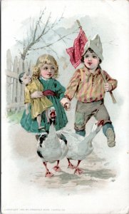 Trade Card -Boy and Girl Holding Doll Walking with Geese