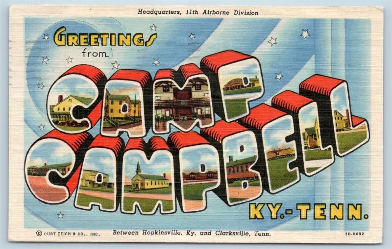 Postcard KY TN Camp Campbell Large Letter Greetings Vintage Linen Rare View L18