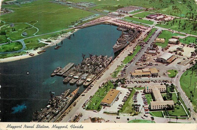 Mayport Naval Station Florida aerial view FL pm 1980 Navy Ships at Dock Postcard