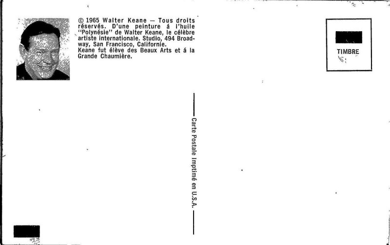 Walter Keane art postcard Girl of the Islands big eyes hibiscus pink dresd