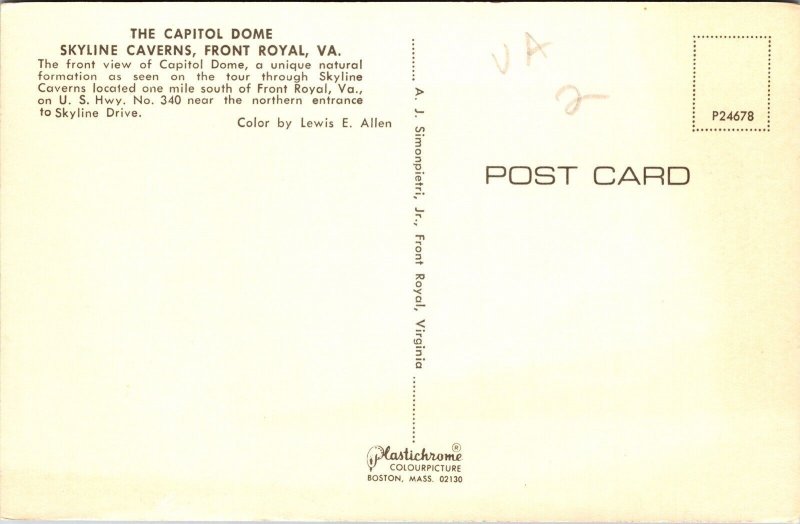 Capitol Dome Skyline Caverns Interior Front Royal Virginia Chrome Postcard