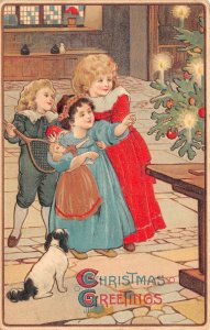 Christmas Greetings, Children W/ Toys & Dog, Dresden, Vintage PC U17893