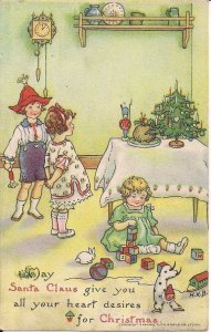 Christmas, Children Wait for Santa 1915 Toys, Tuck Playtime Series, Artist HKB