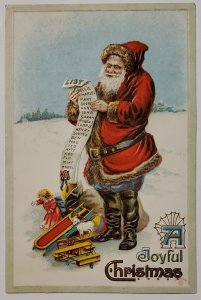 Christmas Santa Claus List of Names Toy Doll Goat Biplane Sled Ball Postcard J22