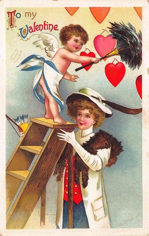 To My Valentine Cupid Hearts Ladder Beautiful Woman Embossed Postcard