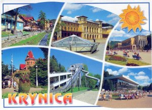 VINTAGE CONTINENTAL SIZE POSTCARD MUTIPLE VIEWS OF CITY OF KRYNICA POLAND