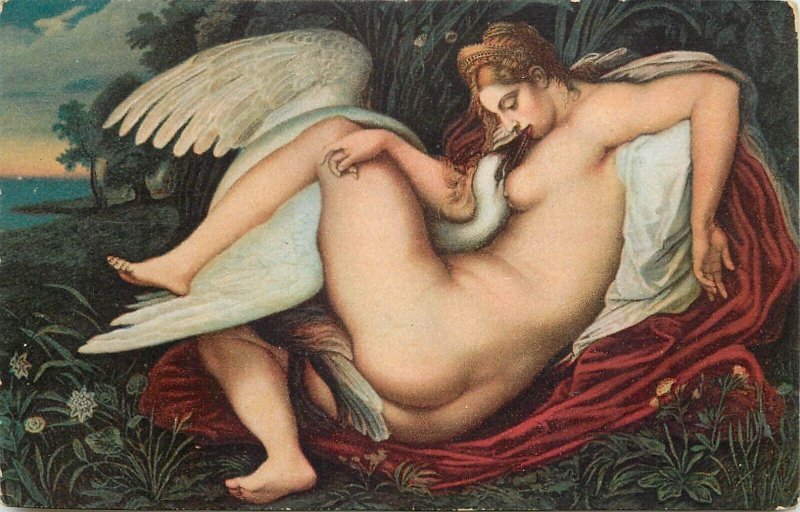 Fine art postcard painting Dresden Leda with the swan Michelangelo