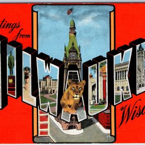 c1940s Milwaukee, Wisc. Greetings Large Bubble Letter Art Views Female Lion A225