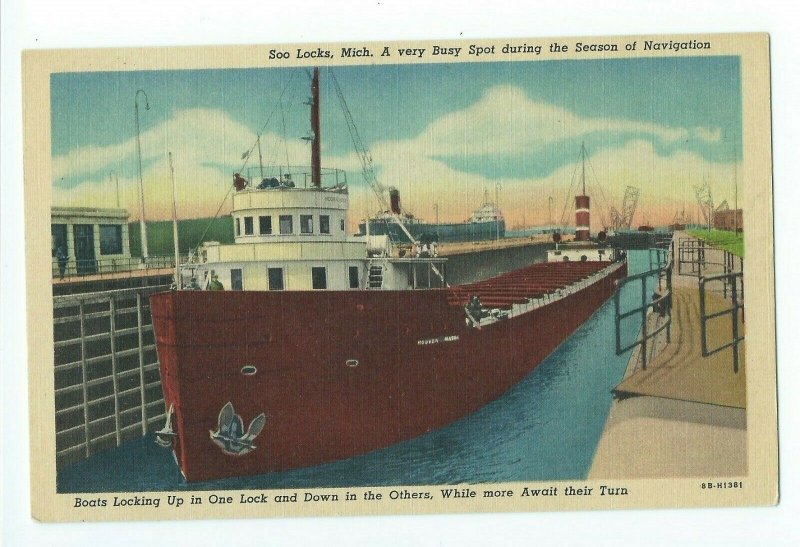 Postcard Soo Locks Michigan Season of Navigation Boats Locking Up VPC01.