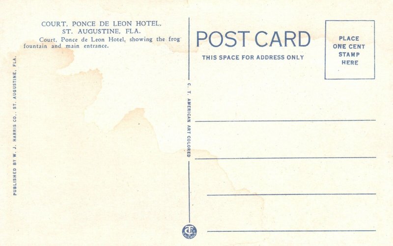 Vintage Postcard Main Entrance Court Ponce De Leon Hotel St. Augustine Florida