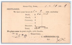 Sioux City Iowa IA Dickens IA Postal Card C. Shenkberg Co. Favor of 1-9 1899