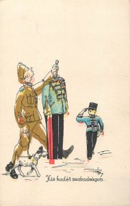 Little cadet on leave caricature military uniform artist postcard Hungary
