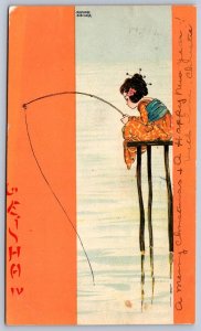 DS1/ Raphael Kirchner Art Nouveau Artist Signed Postcard c1905 Geisha Fishing 9