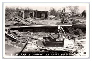 1955 Udall Kansas Tornado Disaster RPPC Postcard Congregational Church & Home