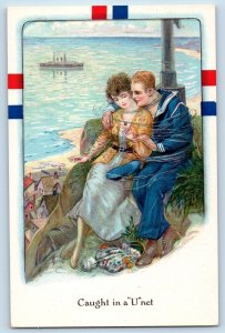 Romance Postcard US Navy Couple Caught In A U Net Embossed c1910's Antique