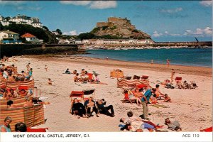Jersey Channel Islands  BEACH SCENE~SUNBATHERS Mont Orgueil Castle  4X6 Postcard