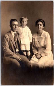 Man in Tie and Woman Formal Sunday Attire with Son Portrait - Vintage Postcard