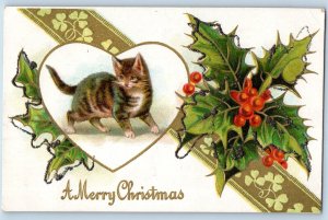 Christmas Postcard Cat Kittens Holly Berries Glitter Embossed Silver Lake NH