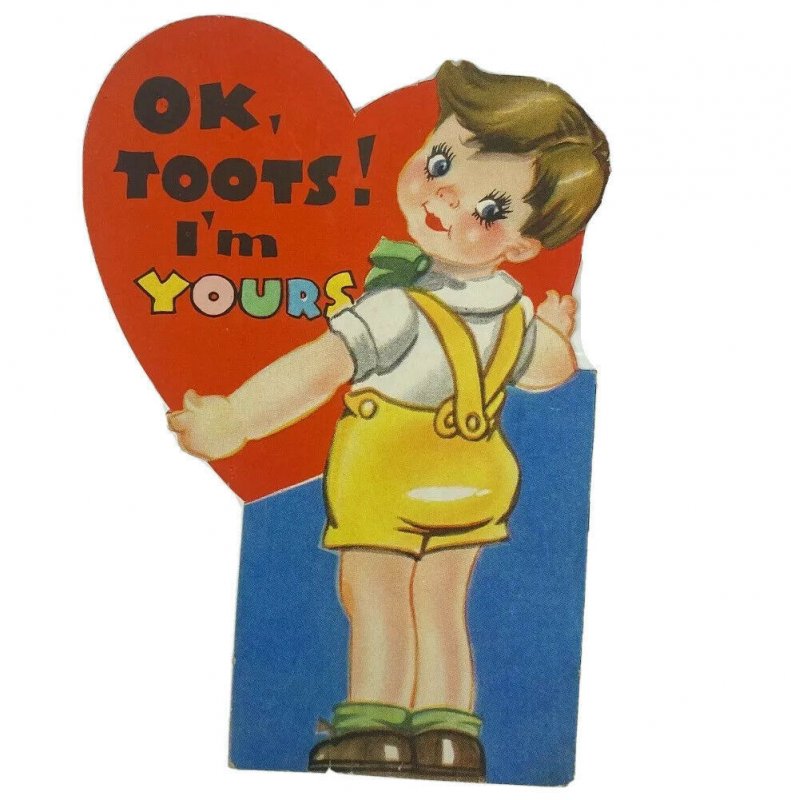 Victorian Valentine Die Cut Boy Overalls Rosy Cheeks Large Heart Toots