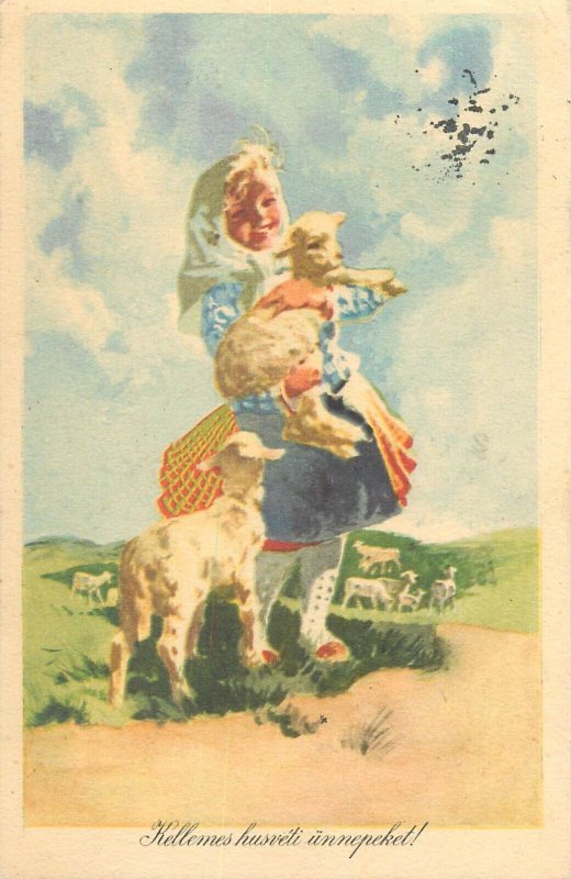 Lot 14 Easter folklore & traditions greetings postcards drawn children Hungary 