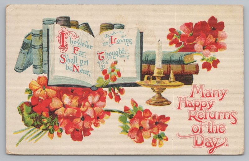 Greetings~Shelf Of Books~Msg In Open Book~Candle~Pink Red Flowers~ZIM~Vtg PC